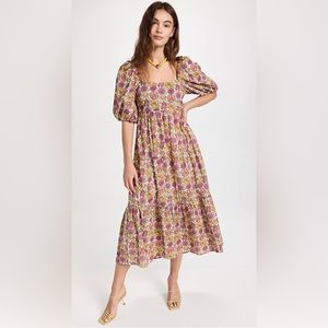 MINKPINK tiered midi dress in pink + yellow floral, size small